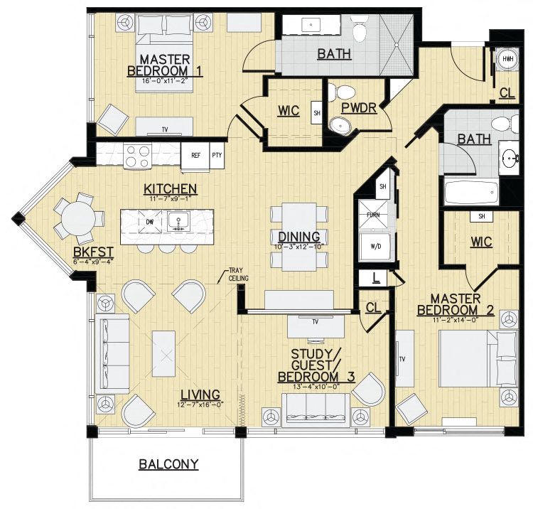 Floor plan for 2 beds, 2.5 baths, 1433 sqft